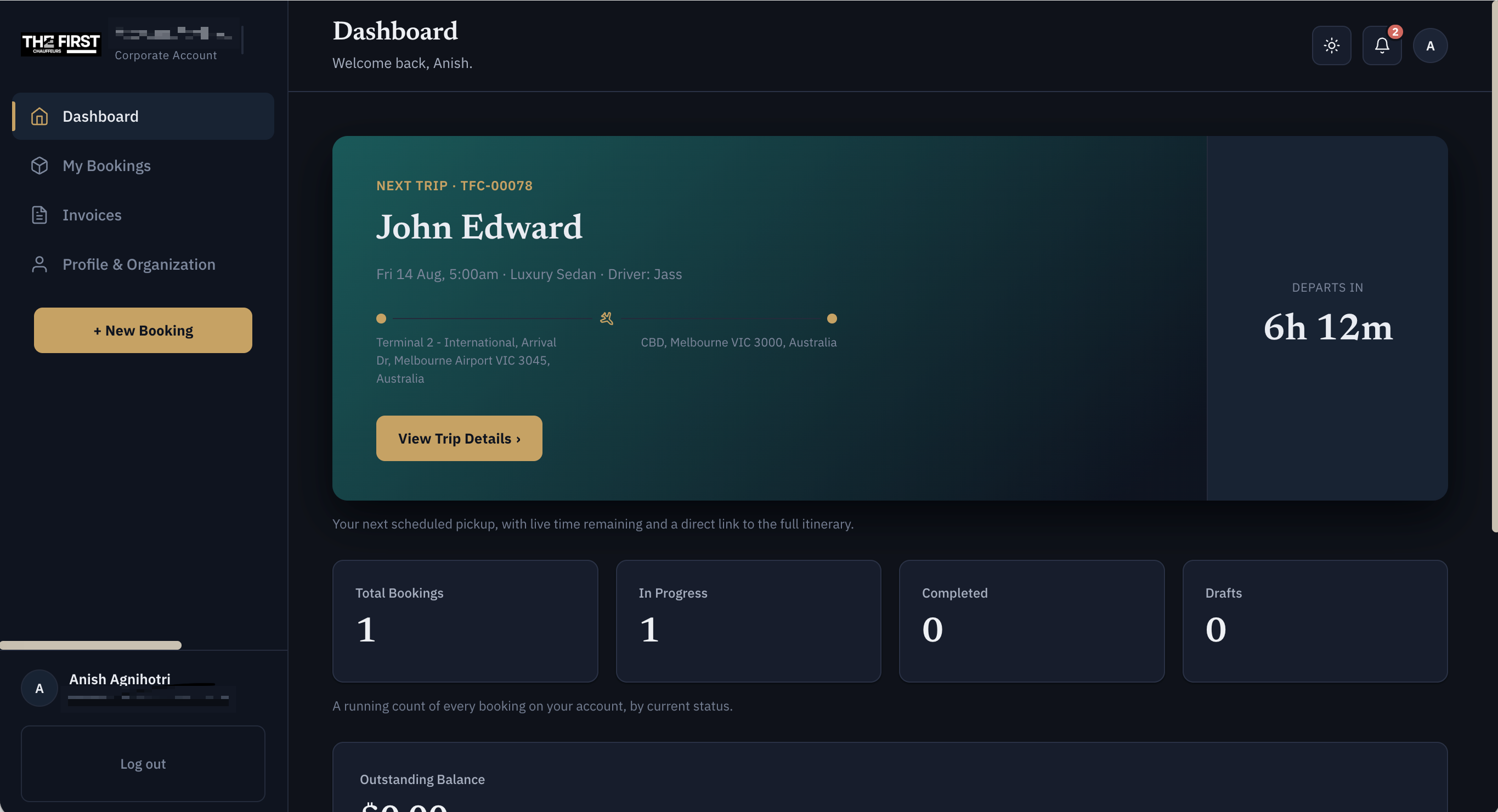Partner account dashboard: next trip, booking counts, outstanding balance