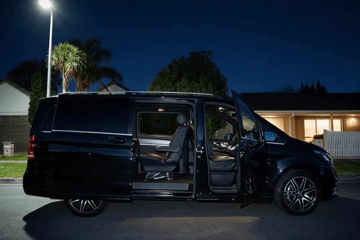 Melbourne Cup group transfer in a black Mercedes-Benz V-Class with the sliding door open for pickup